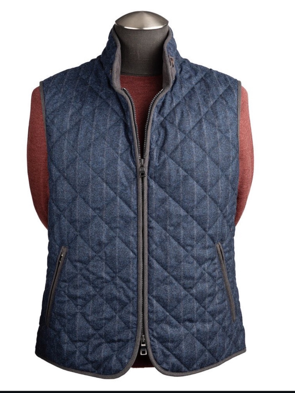 Waterville Italian Diamond Quilted Full Zip Men's Vest with Stand Collar - Navy - Picture 2 of 15